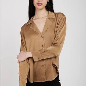 Women's Satin Button-Down Shirt in Olive